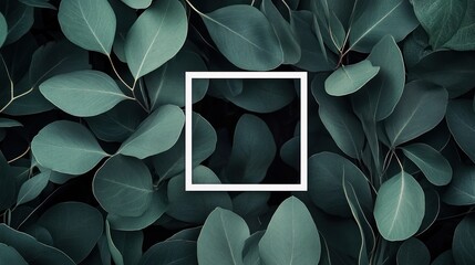 Wall Mural - A flat lay of green leaves with a white square frame, creating a minimalist design.