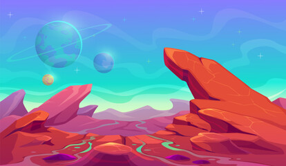 Poster - Space planet surface with Mars mountains landscape for galaxy fantasy, vector background. Alien planet surface with mountain rocks or cosmic desert with stars in sky for galaxy fantastic landscape
