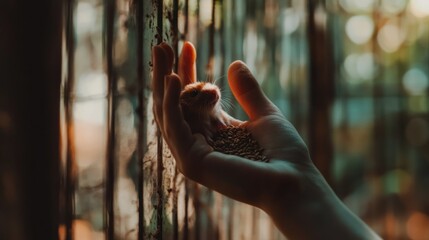 Poster - A hand gently holds a small bird with seeds, capturing a moment of care and connection.