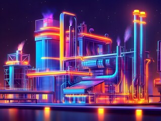 Poster - Vibrant Minimalist Power Plant with Geometric Architectural Elements and Streamlined Turbines  Cartoon style digital featuring compact modular structures luminous pipework