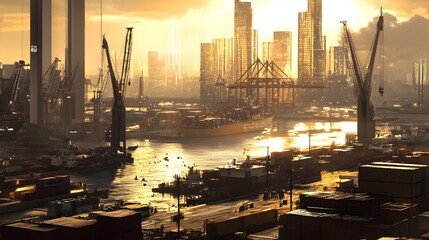 Poster - Bustling cargo harbor with towering cranes loading and unloading massive containers on crowded docks shimmering glass and steel skyscrapers rising in the distance