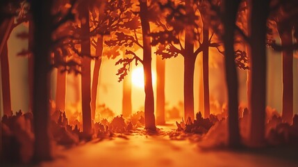 Wall Mural - A serene forest at sunset, with warm hues illuminating the trees and foliage.