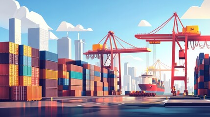 Poster - A large shipping port with cargo containers stacked high, cranes loading goods onto a cargo ship for export.