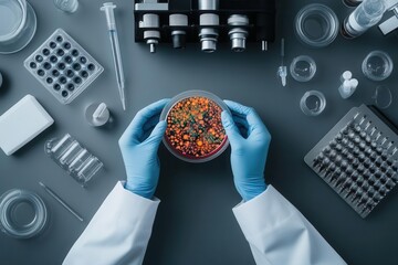 Wall Mural - Scientist examines colorful microorganisms in petri dish. Laboratory tools and equipment surround the workspace for analysis.