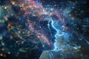 Poster - A mesmerizing fusion of technology and the human mind, revealing a vibrant cosmos within the silhouette of a thoughtful figure. Generative AI