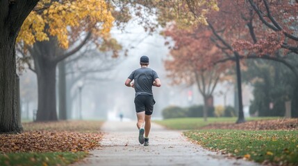 Canvas Print - A runner jogs along a misty path lined with autumn trees and fallen leaves.