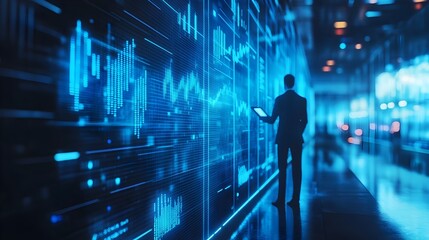 Poster - Virtual business advisor presenting a holographic data display interface for modern financial technology solutions in cool blue tones  Futuristic concept of digital analytics