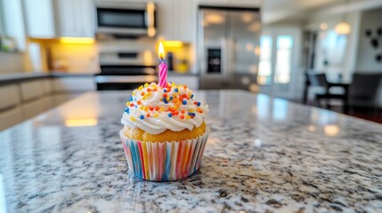 Sticker - A colorful cupcake with a candle and sprinkles on a kitchen countertop.