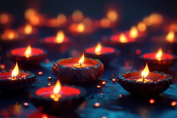 Wall Mural - Surreal Diwali diyas with glowing lighting