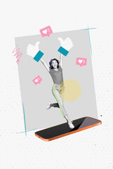 Sticker - Vertical photo collage of happy girl blogger run thumb up like heart notification phone screen social media isolated on painted background