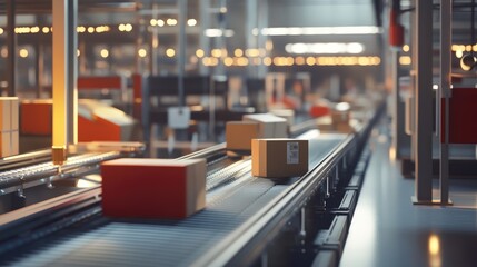 Poster - A logistics center with conveyor belts, automated sorting systems, and packages being prepared for distribution. -