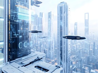 Poster - Futuristic cityscape featuring towering skyscrapers hovering transport pods and technological interfaces rendered in a sleek minimalist style with a crisp and visual by the Constructivist movement
