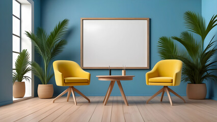 Contemporary office space featuring a whiteboard, two yellow chairs, wooden table, and green plants in a minimalist design. 
