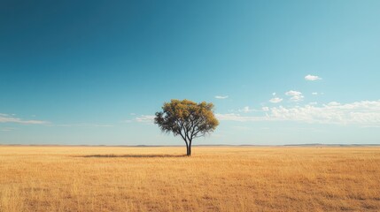 A lone tree standing in the middle of a vast, empty plain, surrounded by dry grasses and under a wide, expansive sky.