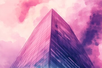 Synthwave skyscraper illustrated in a watercolor style, with smooth gradients and fluid, blended edges.