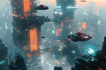 Poster - futuristic cyberpunk inspired megacity with a pulsating neon grid towering futuristic buildings and 