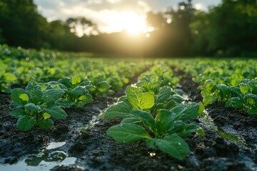 Canvas Print - Green Leaves Field With Golden Sunset