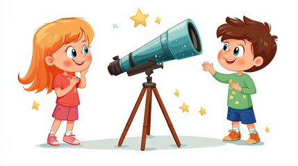 Two Children Gazing Through a Telescope at Stars