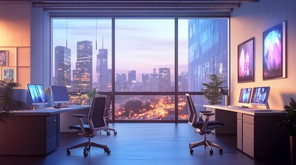 Aufkleber - Elegant and Productive Office Interior with Minimalist Furnishings Large Windows Overlooking a Bustling City and Inspiring Digital Art Displays