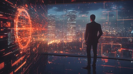Poster - Startup founder delivers a high tech virtual business pitch showcasing holographic data visualization and analytics in a sleek modern office backdrop