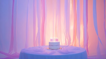 Wall Mural - A decorated cake with candles sits on a table, surrounded by soft pastel drapes.