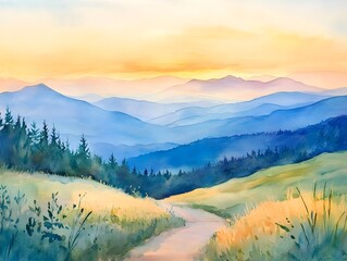 Poster - Soft pastel hues blended effortlessly creating a soothing watercolor painting with delicate brushstrokes  The natural scenery features a serene mountain vista bathed in golden hour lighting