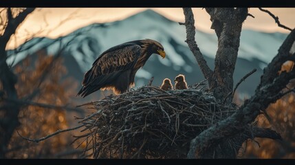 Poster - An eagle tending to its chicks in a nest against a mountainous backdrop at sunset.