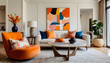 © Vectorizee - Bright modern living room, colorful accents sofa with textured cushions, a striking knot pillow, and bold artwork creating a unique living room vibe orange area rug, round coffee tables vase