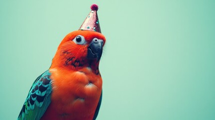 Wall Mural - A colorful parrot wearing a festive party hat against a light background.