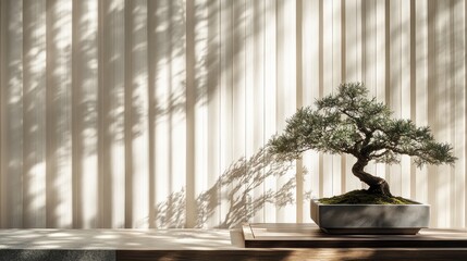 Sticker - A serene bonsai tree on a minimalist table, casting shadows against a textured wall.