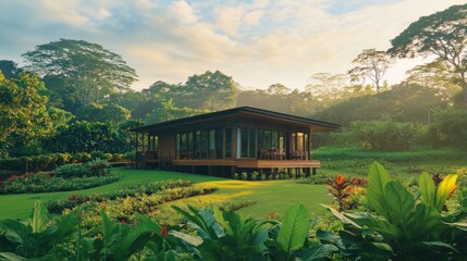 Canvas Print - A serene wooden house surrounded by lush greenery and vibrant plants in a tranquil setting.