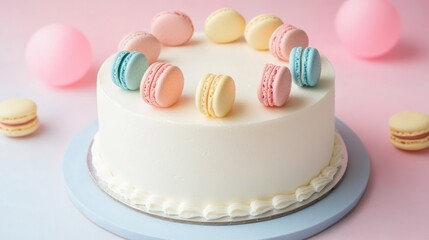 Poster - A decorative cake topped with colorful macarons on a pastel background.