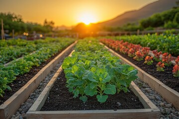 Poster - Sunset Glow Over a Garden