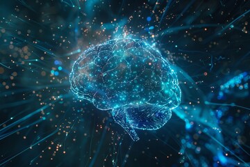 Poster - A vibrant digital representation of the human brain surrounded by glowing particles reflecting neural activity in abstract art. Generative AI