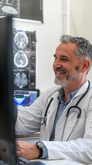 Aufkleber - A doctor is sitting at a computer with a smile on his face