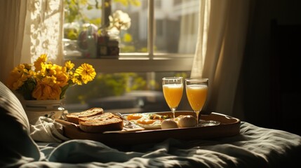 Wall Mural - A cozy breakfast scene with toast, pastries, and orange juice by a sunny window.