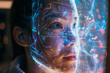 Poster - A young woman contemplates the futuristic digital face mapping experience in a vibrant cityscape, immersed in technology and science. Generative AI