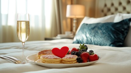 Sticker - A romantic breakfast in bed featuring pancakes, fresh berries, and sparkling wine.