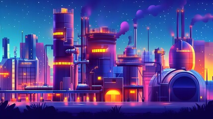 Poster - Cartoon style Minimal Power Plant with Simple Geometric Shapes and Vibrant Colors  Compact Industrial Facilities Sleek Machinery Glowing Energy Conduits