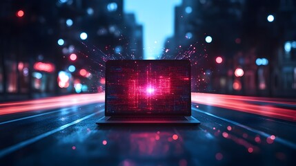 Laptop Computer with Flowing Digital Data and Futuristic City Street Backdrop