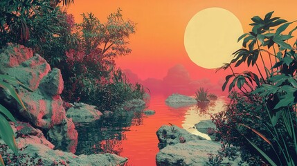 A serene landscape at sunset with vibrant colors reflecting on calm water, surrounded by lush foliage and rocky formations.