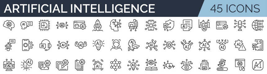 Set of 45 outline icons related to AI, artificial intelligence. Linear icon collection. Editable stroke. Vector illustration