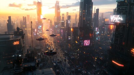 Poster - futuristic cityscape with towering skyscrapers reaching towards the sky bustling streets filled with