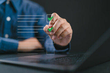 Poster - Checklist and survey concept, Businessman filling out online survey on virtual screen. Questionnaire with checkboxes, online survey filling and quiz question answering.