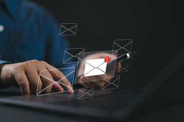 Fototapete - man reading electronic mail ,Email marketing and newsletter concept,Digital communication with email messages,Sending and receiving messages online with the email icon ,notifications