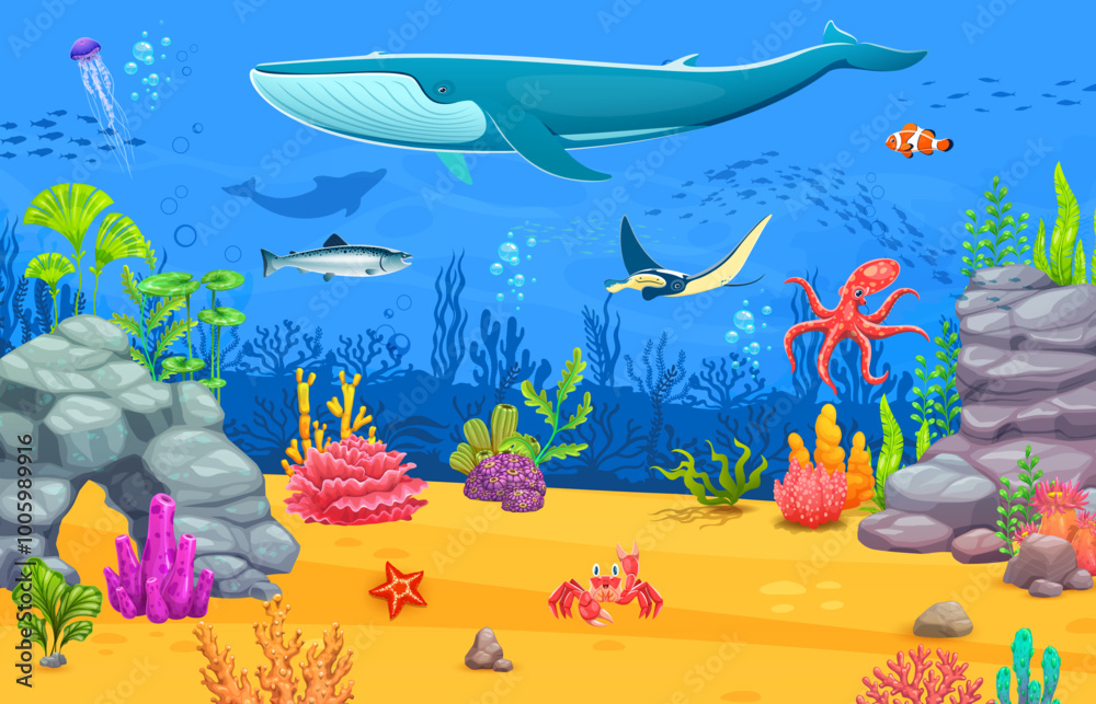 Game sea underwater landscape with giant whale and manta ray, octopus ...