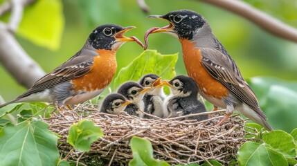 Poster - A pair of birds feeding their chicks in a nest surrounded by greenery.