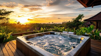 Wall Mural - A serene hot tub overlooking a sunset in a lush environment.