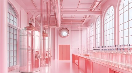 Poster - Minimalist pastel colored distillery featuring a sleek industrial design with clean lines geometric architectural forms