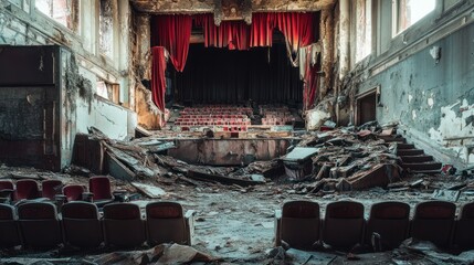 Wall Mural - A dilapidated theater showcasing decay and neglect, with scattered debris and empty seats.